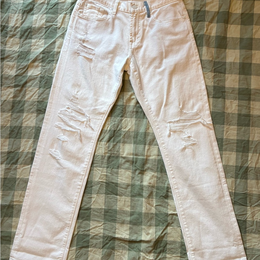 NWT 7 For All Mankind Low Straight Distressed White Jeans Blue Patch Pocket 27 - Picture 3 of 12